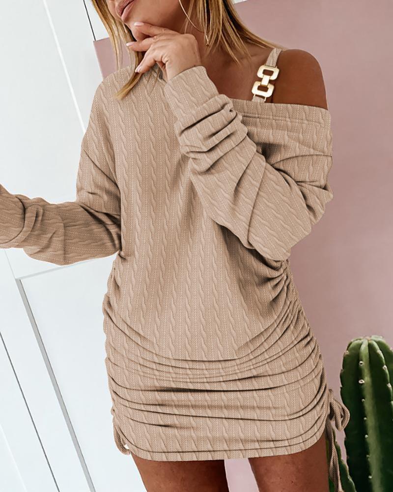 

Drawstring Ruched Long Sleeve Chain Decor Textured Dress, Khaki