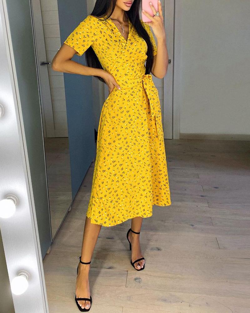 

High Slit Short Sleeve Ditsy Floral Print Dress, Yellow