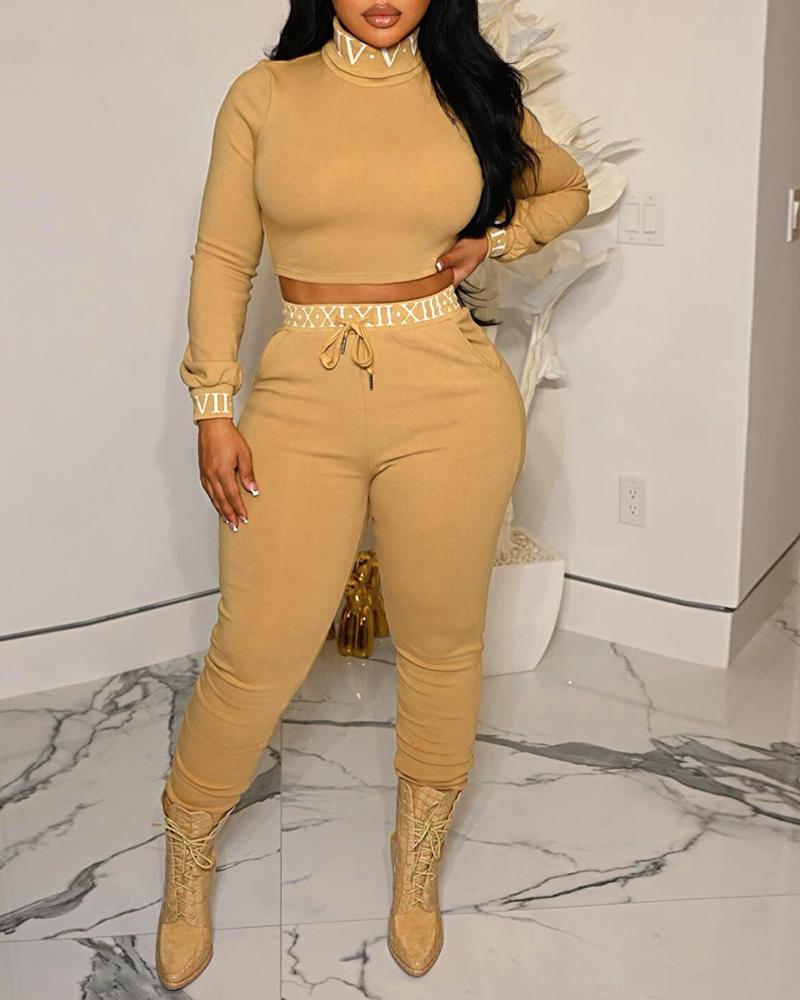 

Letter Print Long Sleeve Crop Top & Pants Set, Khaki