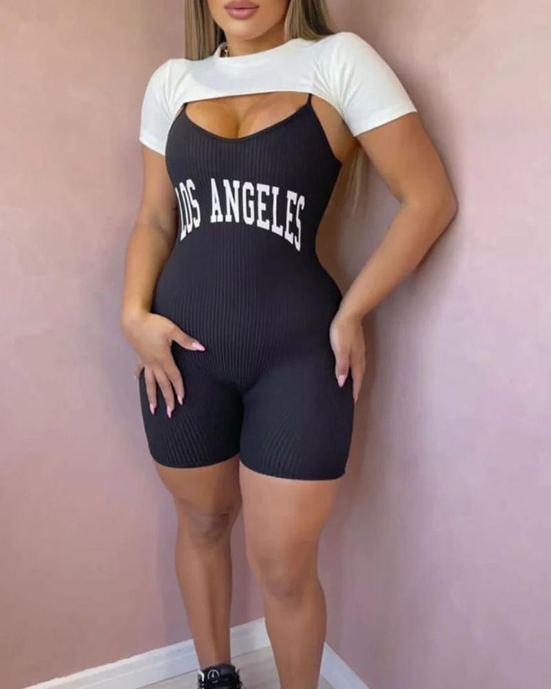 

Letter Print Spaghetti Strap Romper With Crop Top, Blackwhite