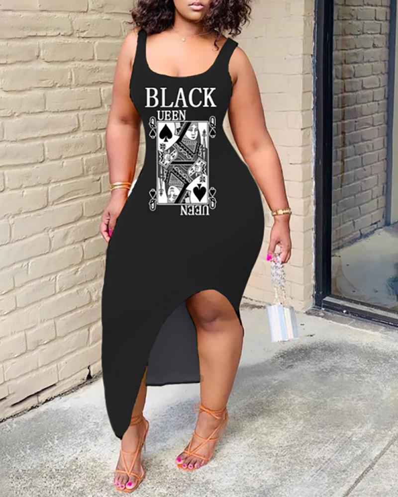 

Plus Size Letter Poker Print Slit Casual Tank Dress, Black