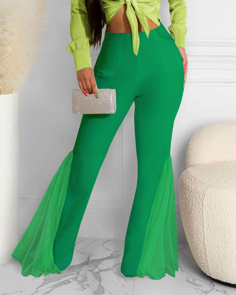 

Contrast Mesh Flared Leg High Waist Pants, Green