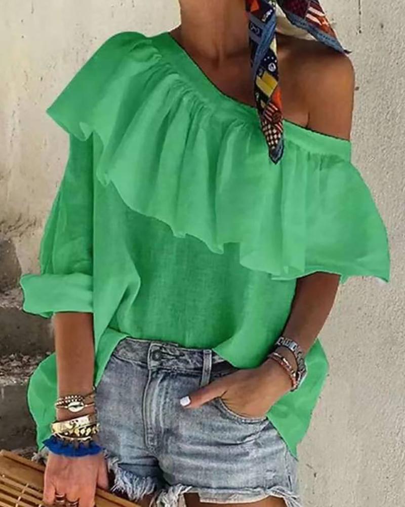 

Ruffle Hem Long Sleeve One Shoulder Top, Green
