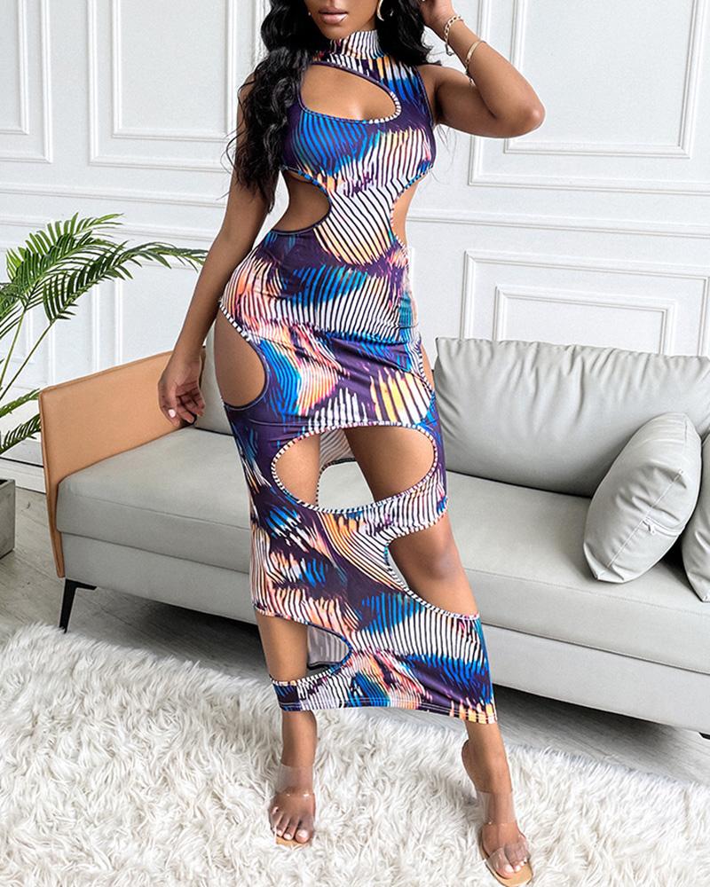 

Abstract Print Colorblock Cutout Sleeveless Skinny Dress, Multicolor