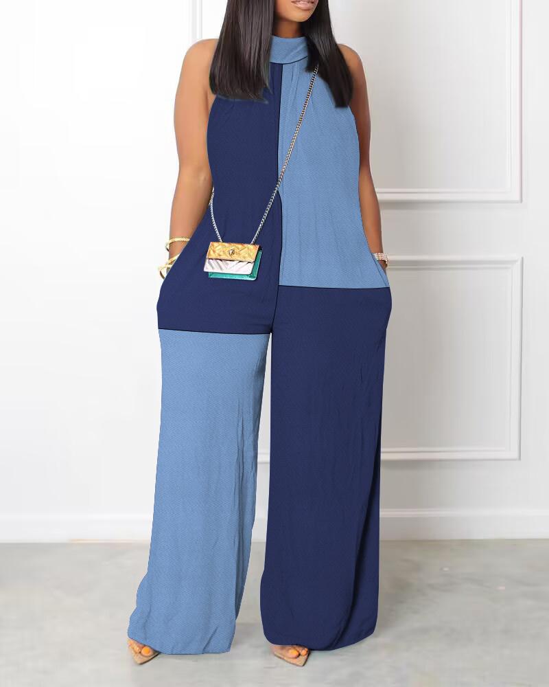 

Denim Colorblock Patchwork Pocket Design Wide Leg Jumpsuit, Blue