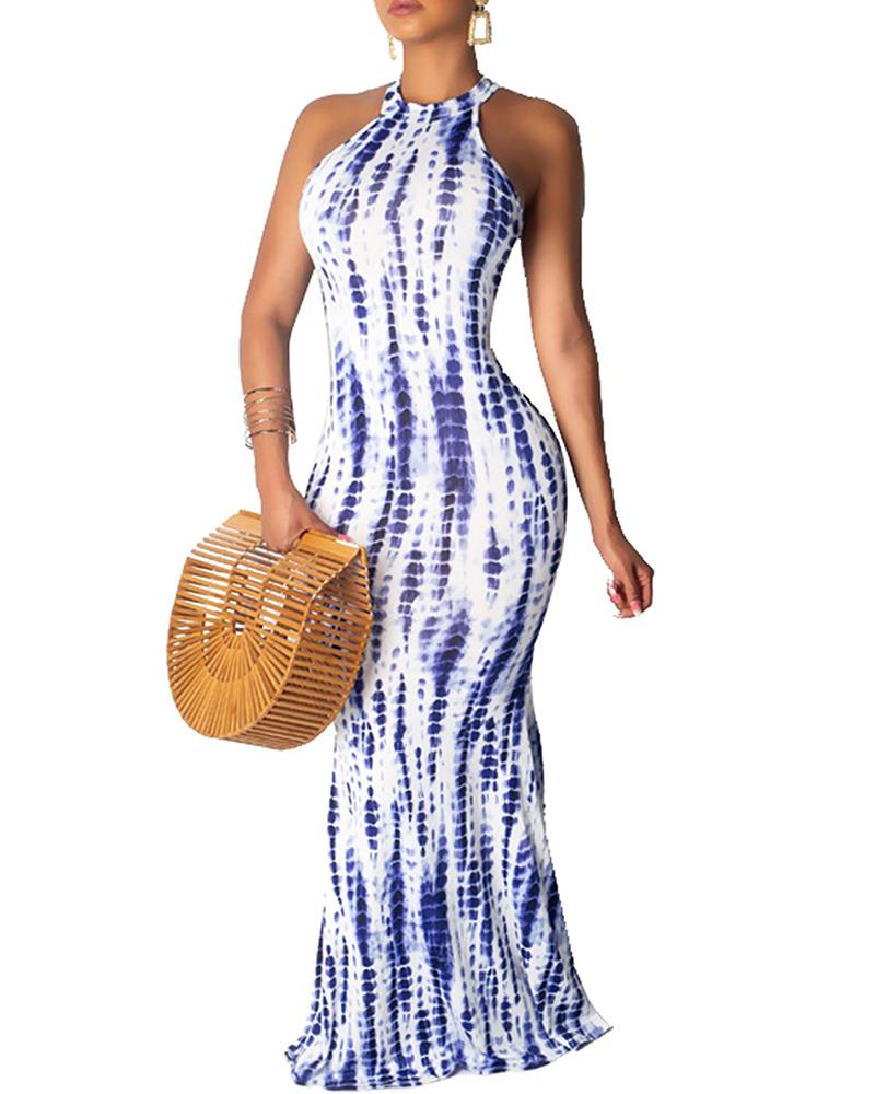 

Tie Dye Print O-Necck Cutout Bodycon Dress, Blue