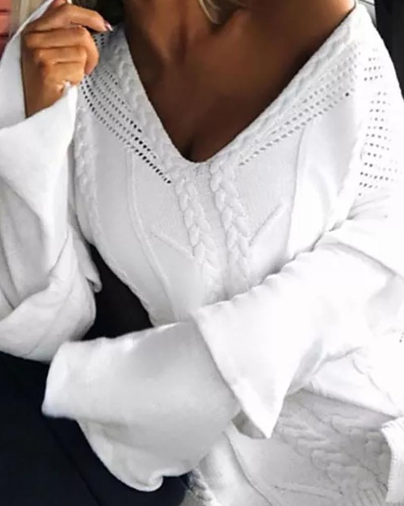 

Hollow Out Cable Knit Plain Sweater, White