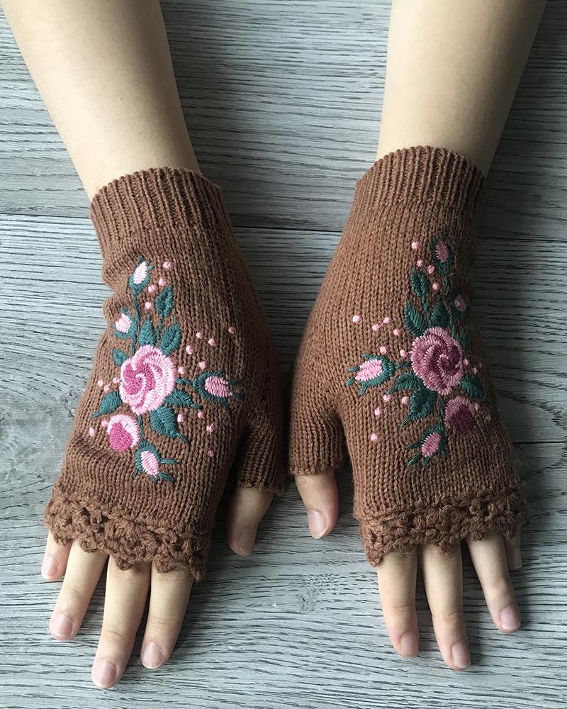 

1Pair Floral Embroidery Hollow Out Fingerless Knit Gloves, Brown