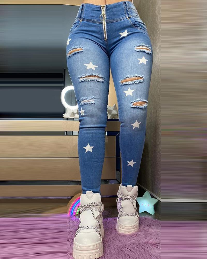 

Star Print Ripped High Waist Jeans, Blue