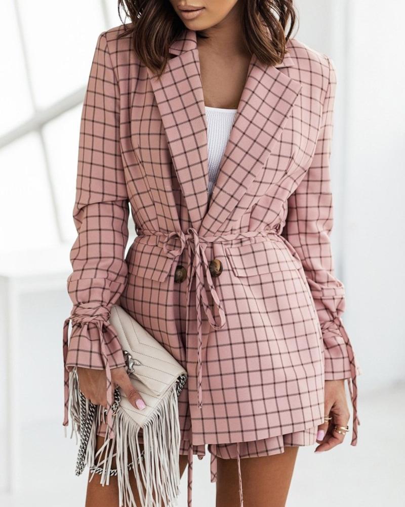 

Tied Detail Plaid Print Blazer Coat, Pink