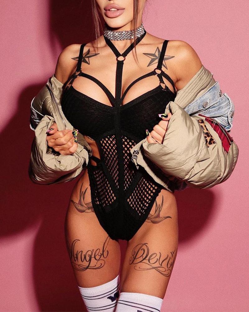 

Fishnet Lace Halter Cut-Out Teddy Bodysuit, Black