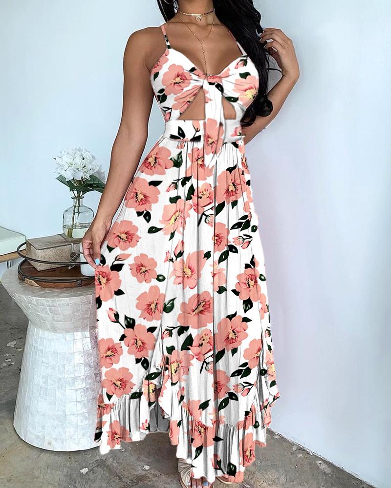 

Vacational Backless Cutout Ruffles Rose Floral Print Dress, Pink