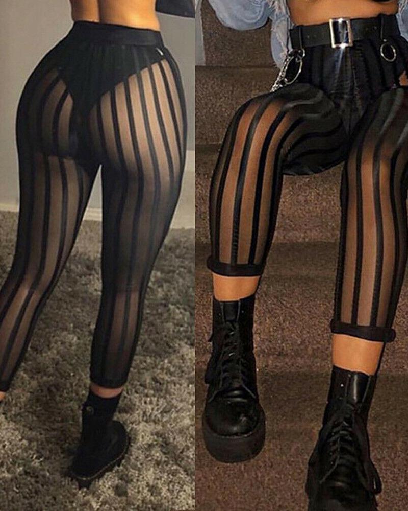 

Striped Sheer Mesh High Waisted Skinny Pants, Black