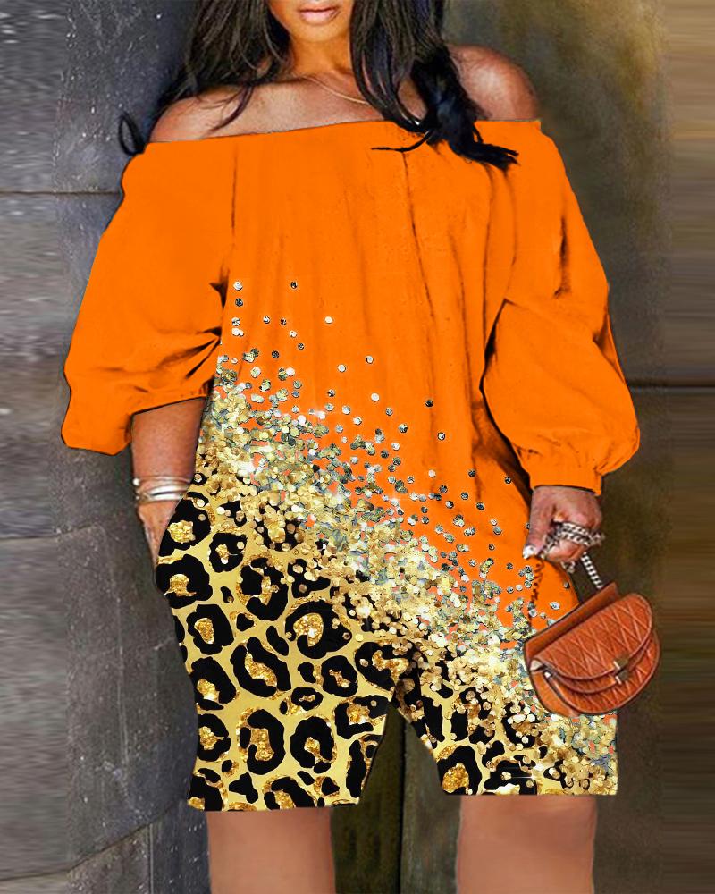 

Plus Size Contrast Leopard Print Off Shoulder Romper, Orange