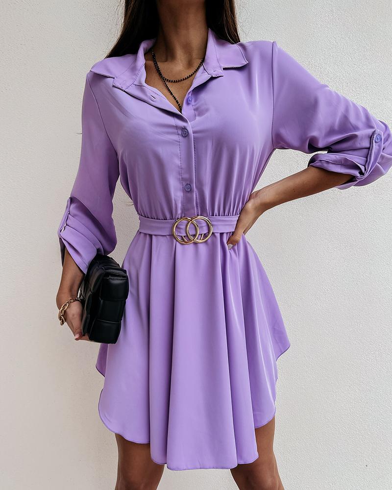 

Long Sleeve Button Design Shirt Dress, Purple