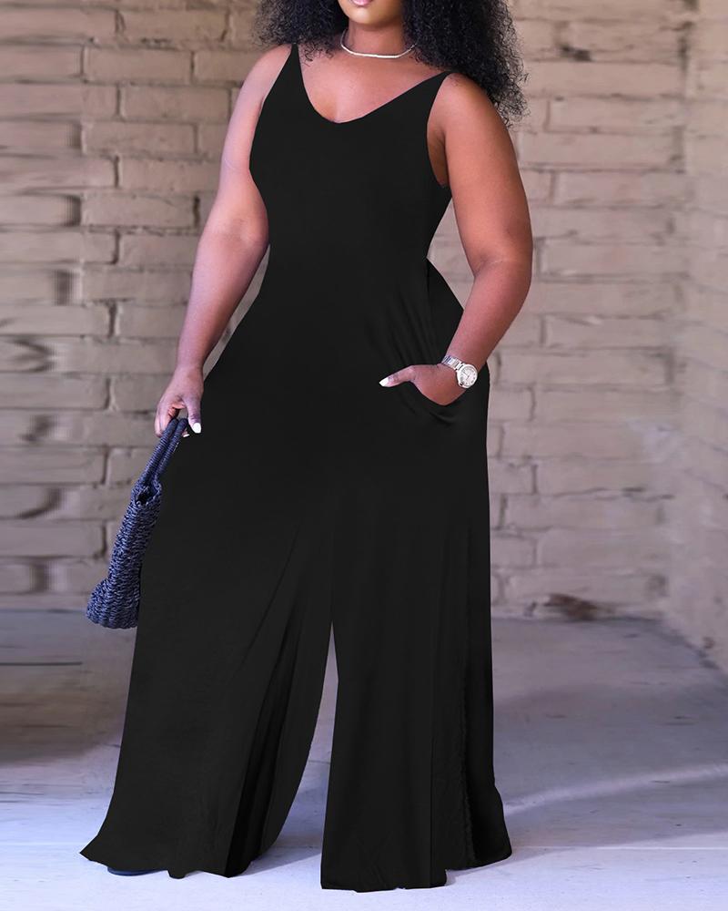 

Spaghetti Strap Plain Pocket Design Wide Leg Jumpsuit, Black