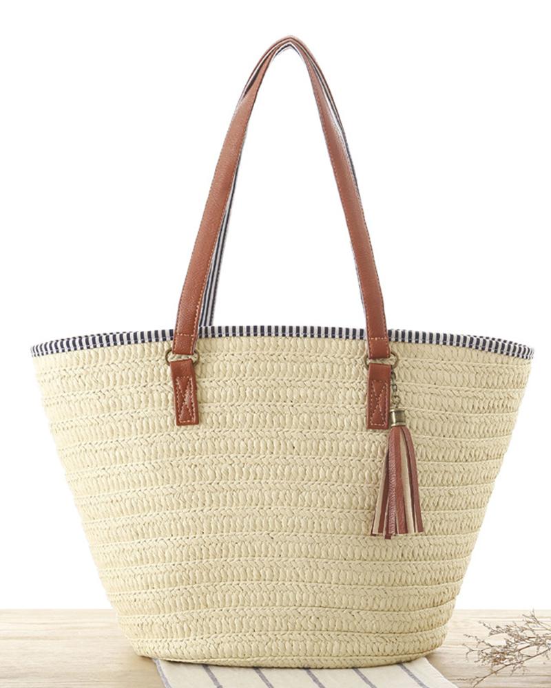 

Top Handle Braided Beach Straw Bag, Beige