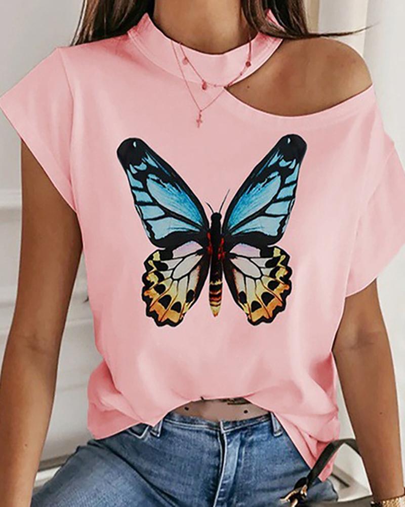 

Butterfly Print Cutout Casual T-Shirt, Pink