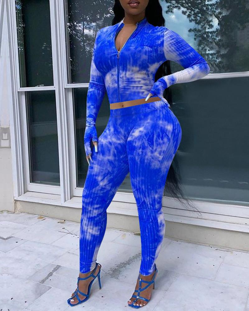 

Zipper Design Tie Dye Print Coat & Pants Set, Dark blue