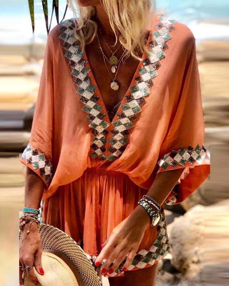 

Geometric Patch Deep V-Neck Bohemian Casual Dress, Orange