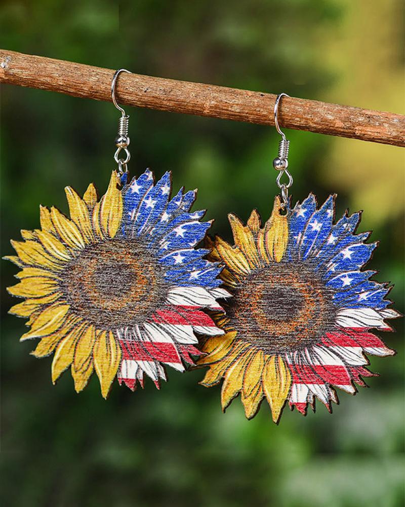 

Independence Day Wooden Sunflower Pattern Drop Earrings, Blue