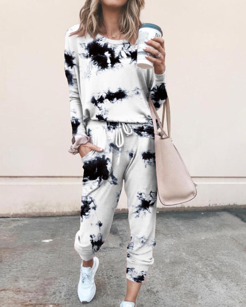 

Tie Dye Daisy Print Top & Drawstring Pants Set, Black