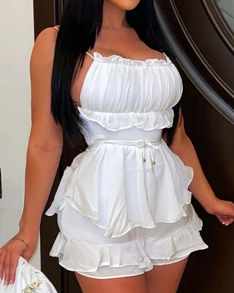 

Ruffle Hem Backless Belted Romper, White
