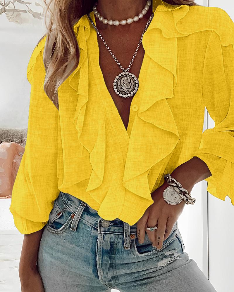 

Ruffle Hem Long Sleeve Textured Blouse, Yellow
