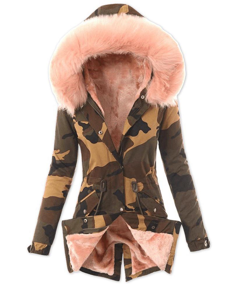 

Women' Parka Casual Winter Long Coat Camouflage Print Drawstring Buttoned Lined Hooded Fur Collar Jacket, Pink