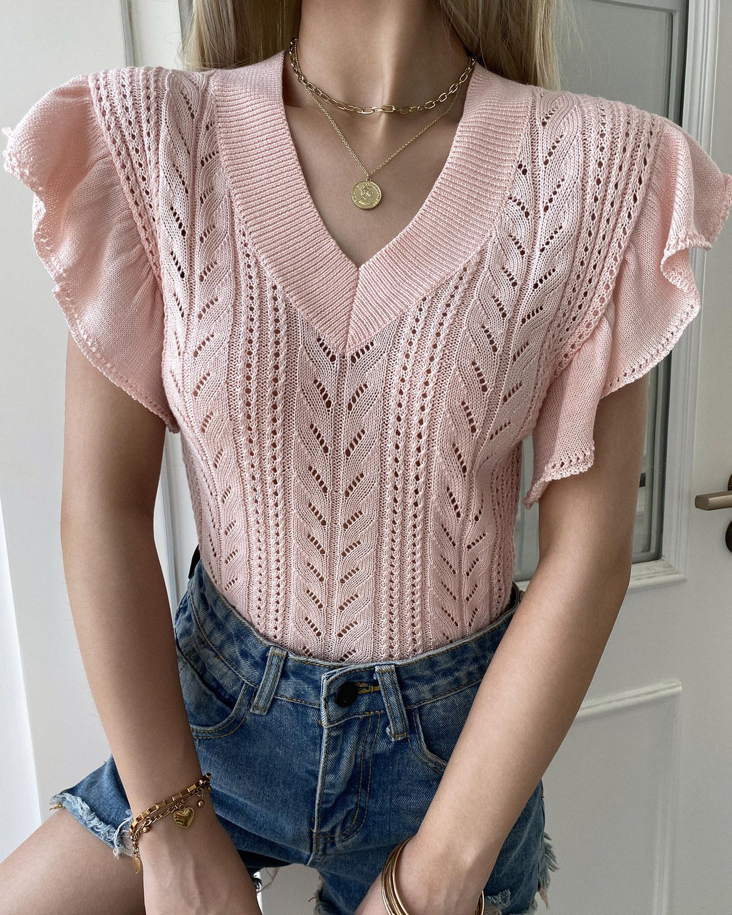 

Frill Hem Rib-knit V-neck Top, Pink