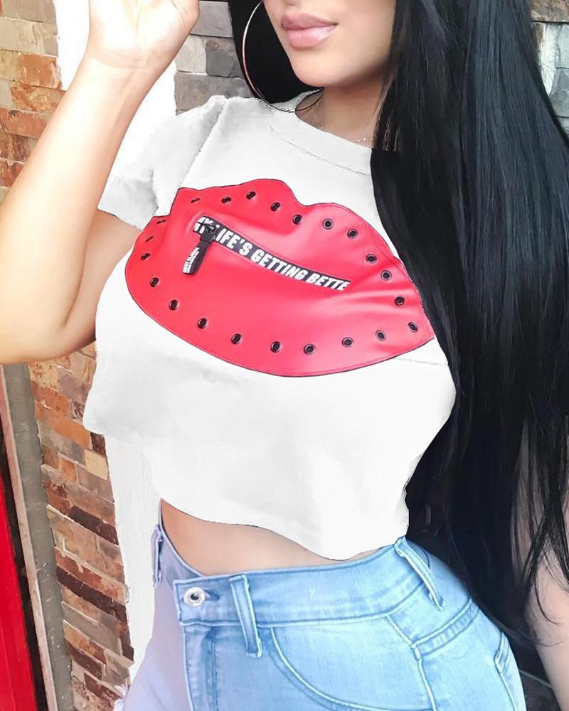 

Lip Print Short Sleeve Crop T-Shirt, White