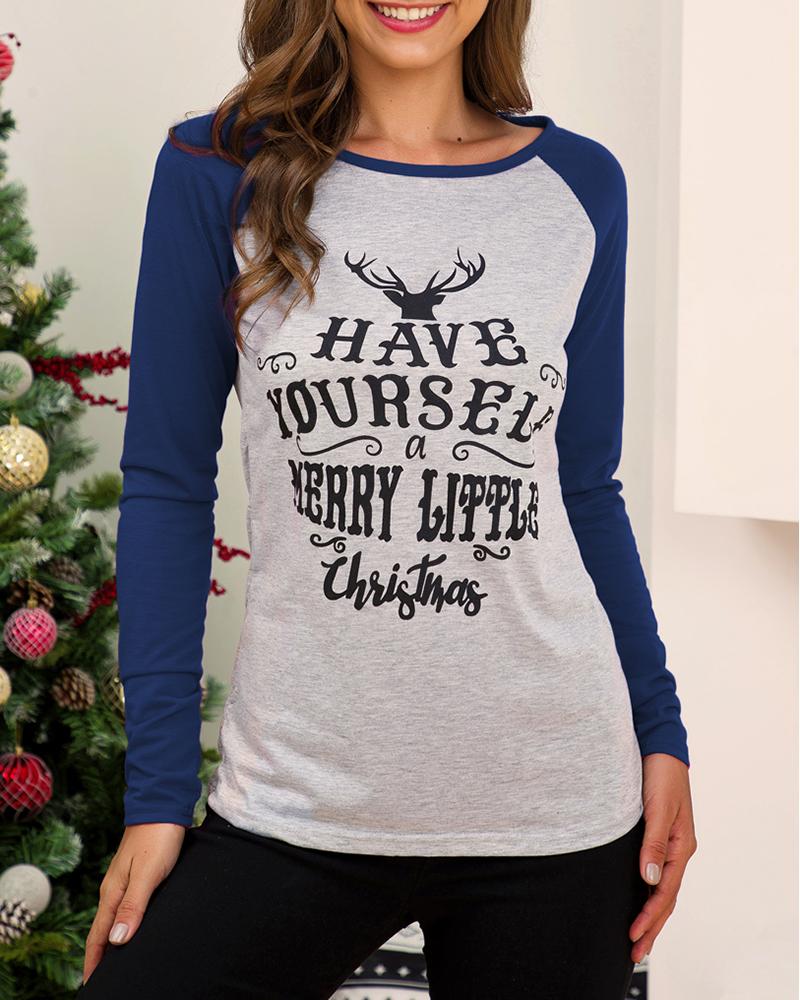 

Christmas Colorblock Deer Letter Print Top, Blue