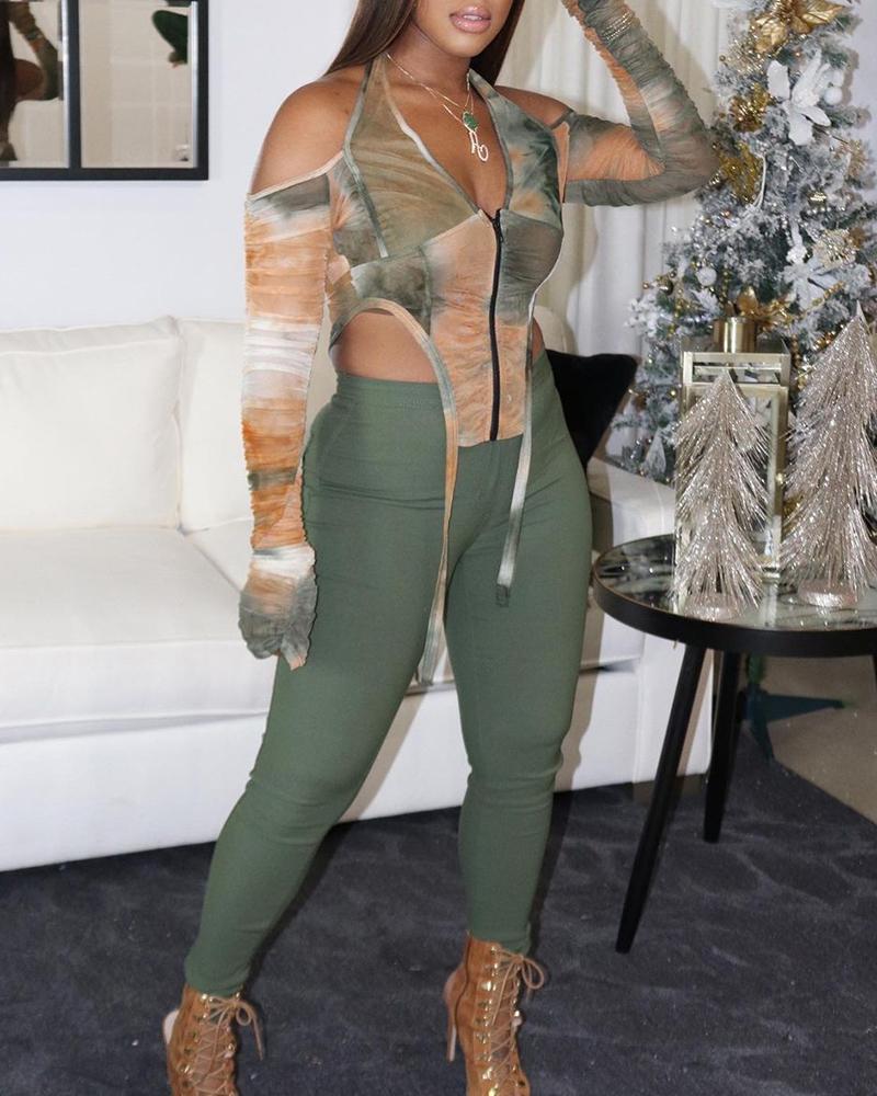 

Tie Dye Print Asymmetrical Neck & High Waist Pants Set, Green