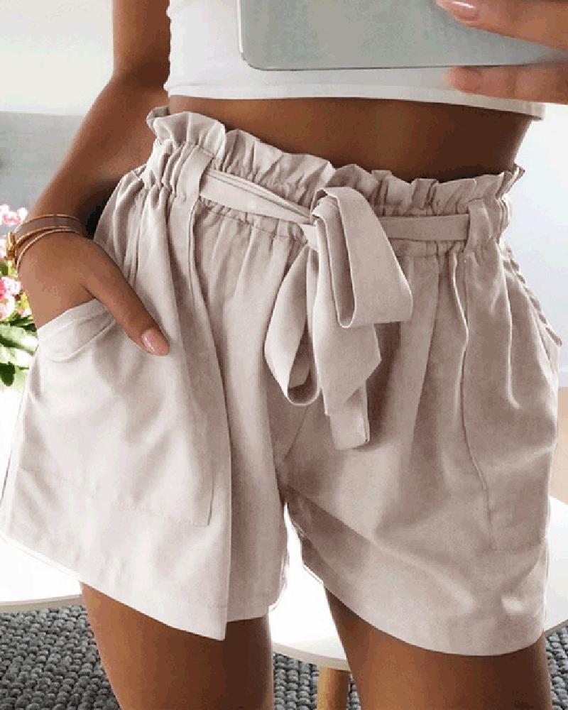

Solid Frill Hem Shorts, Beige