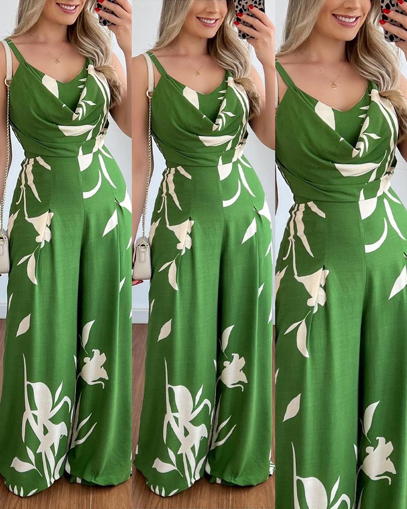

Tropical Print Wide Leg Jumpsuit, Green
