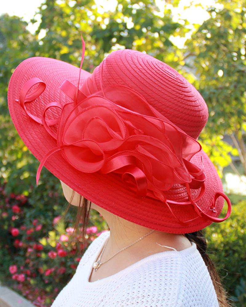 

Kentucky Derby Bowler Church Cloche Fascinator Hat Feather Bowknot Organza Church Dress Cap, Red