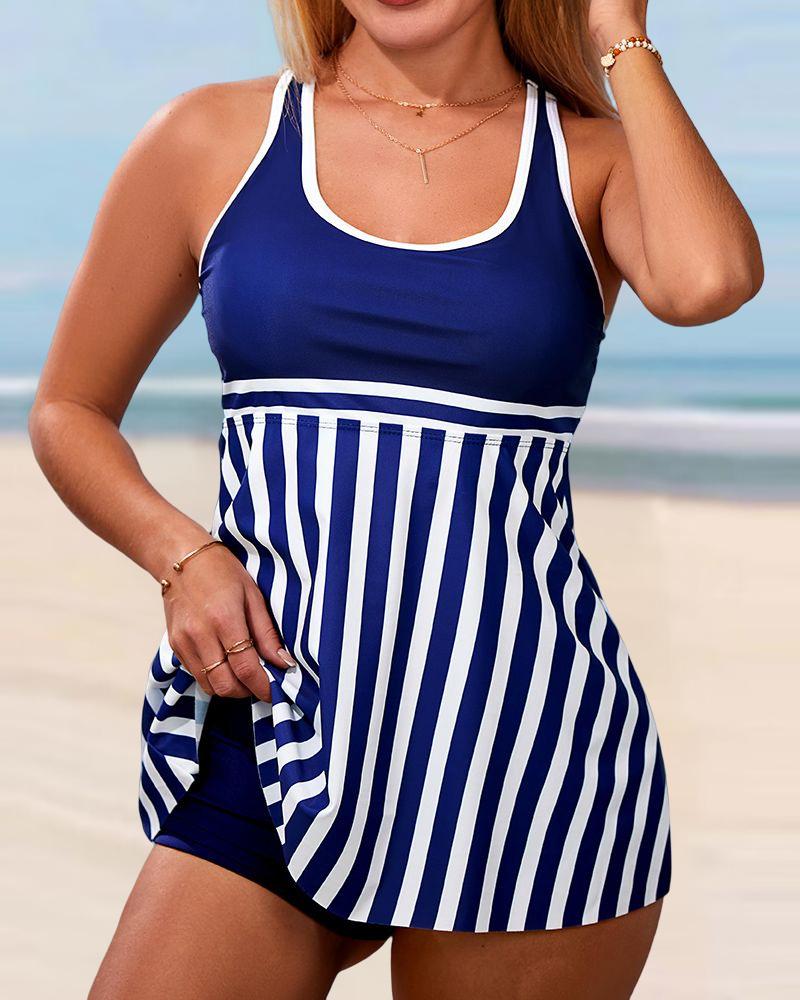 

Contrast Paneled Striped Crisscross Backless Tankini Set, Blue