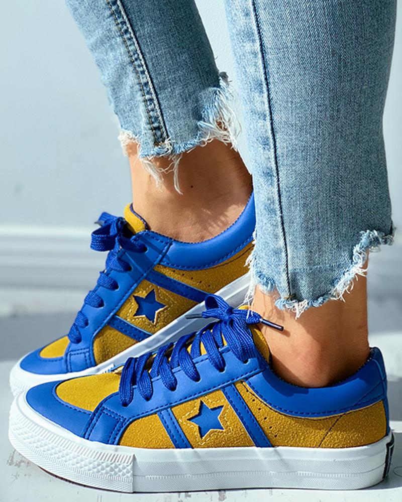 

Star Pattern Colorblock Lace-up Canvas Shoes, Yellow