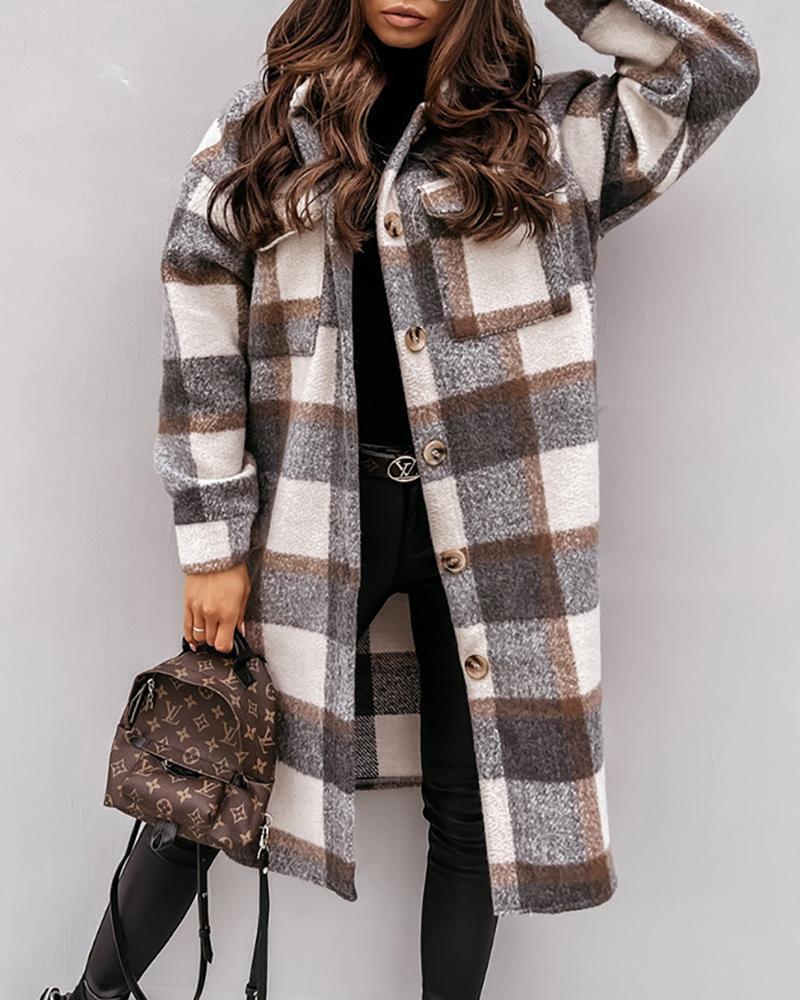 

Plaid Print Fake Pocket Button Design Long Sleeve Shacket, Gray