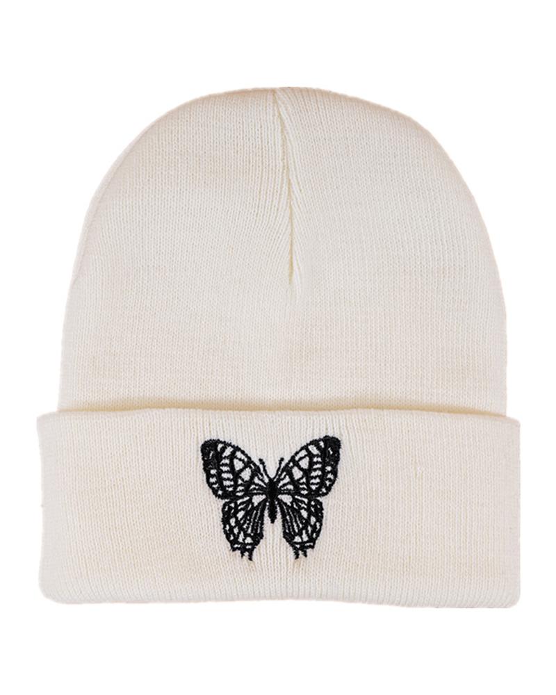 

Butterfly Embroidery Thermal Knit Bennie Hat, White