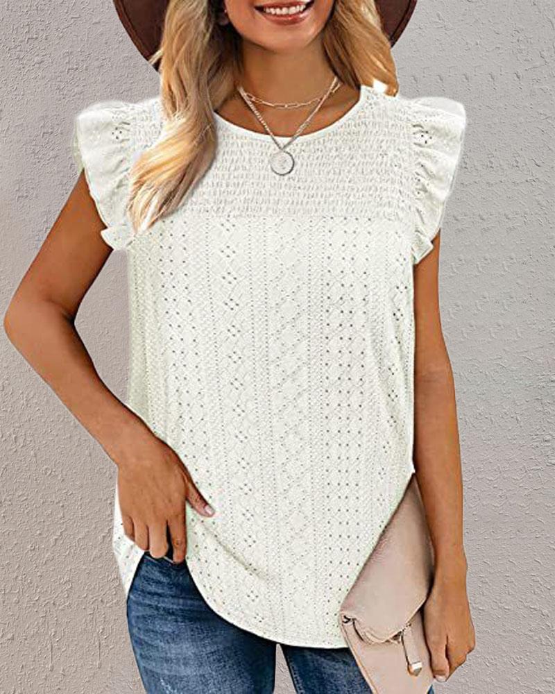 

Eyelet Embroidery Ruffle Hem Shirred Tank Top, White