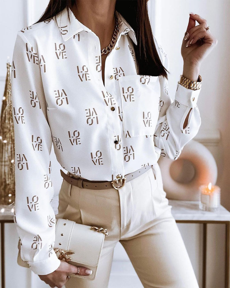 

Letter Print Pocket Design Buttoned Shirt, White