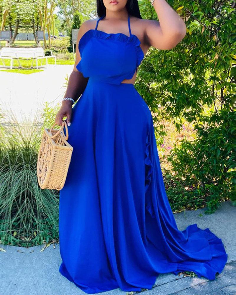 

Halter Backless Ruffle Trim Maxi Dress, Blue