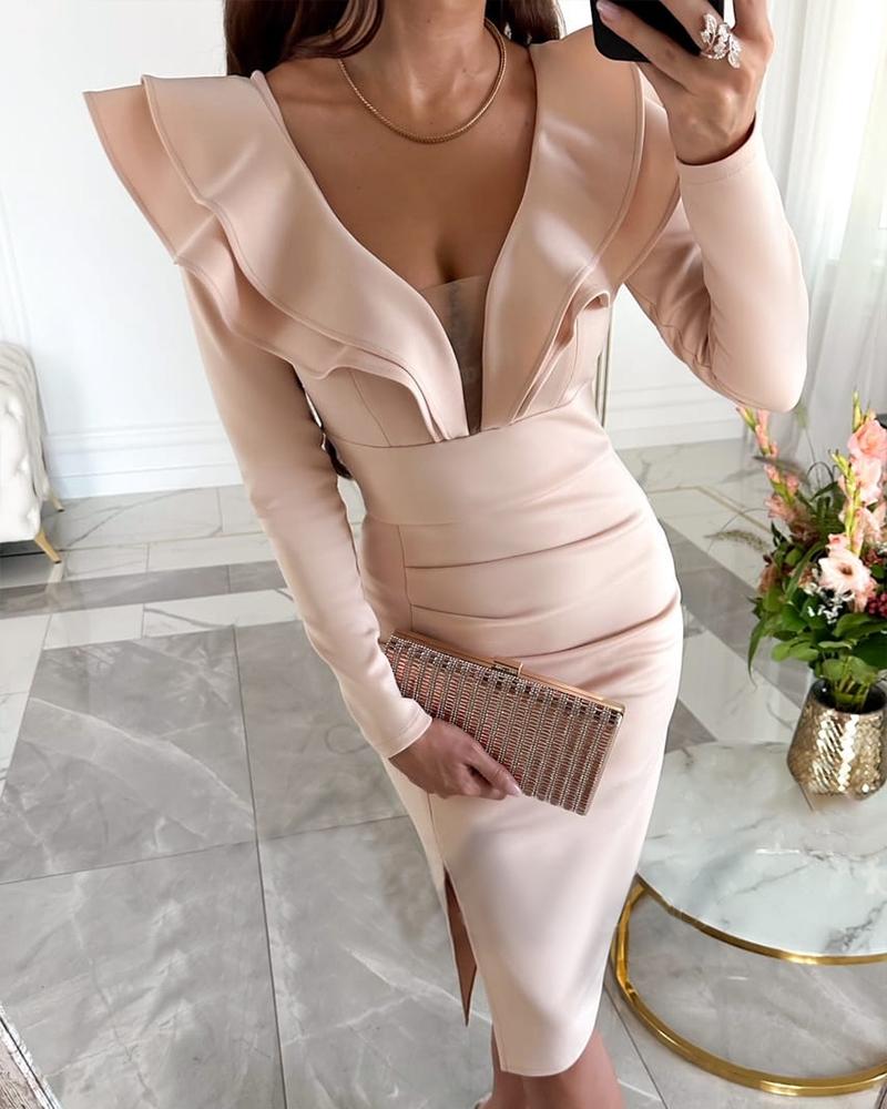 

Plunge Ruffles Slit Long Sleeve Dress, Pink