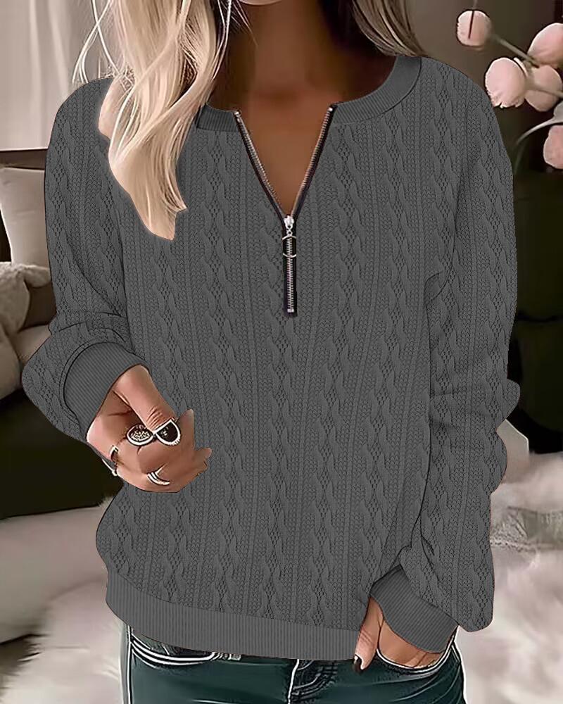 

Zipper Design Long Sleeve Braided Top, Gray