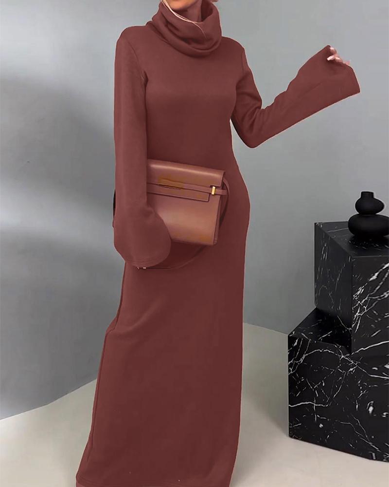 

High Neck Bell Sleeve Maxi Dress, Brown