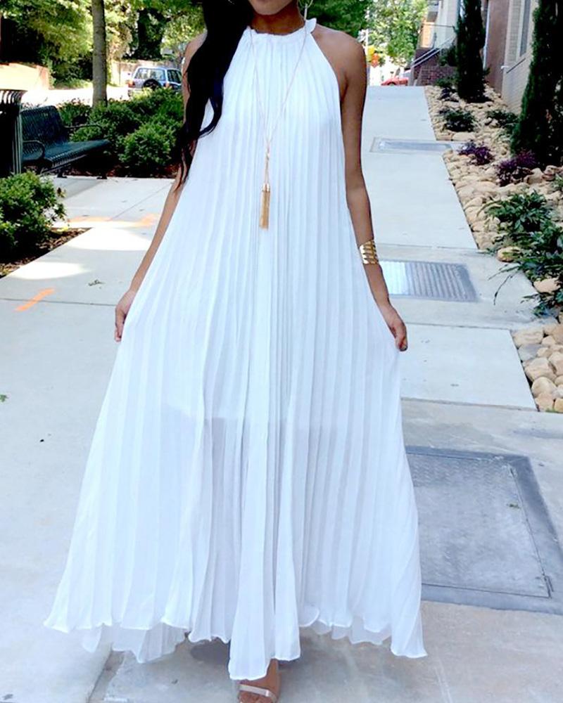 

Hot Summer Halter Pleated Casual Maxi Dress, White