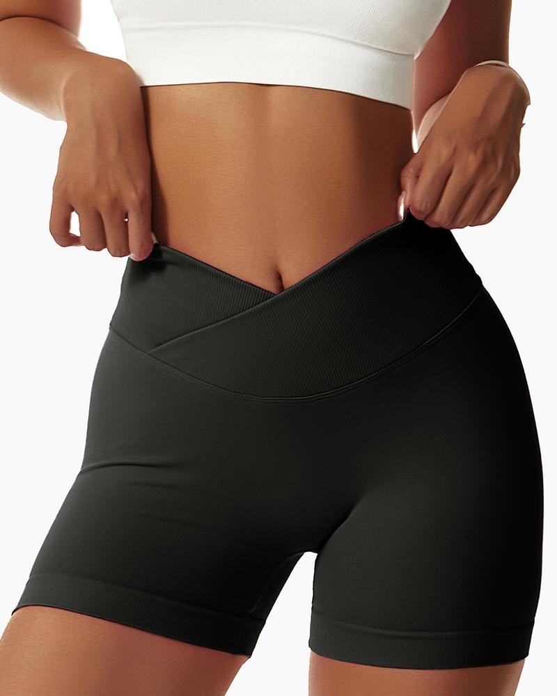 

Overlap Waist Butt Lifting Running Active Shorts, Black