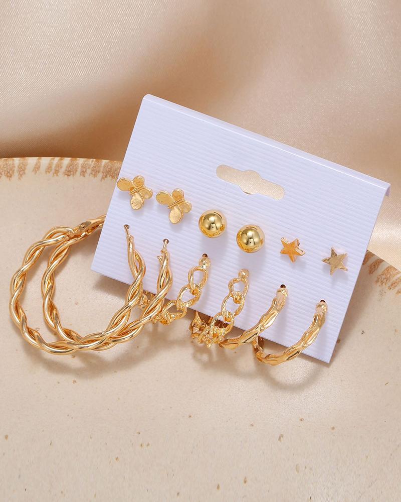 

6Pairs Butterfly & Star & Circle & Chain Earrings Set, Gold