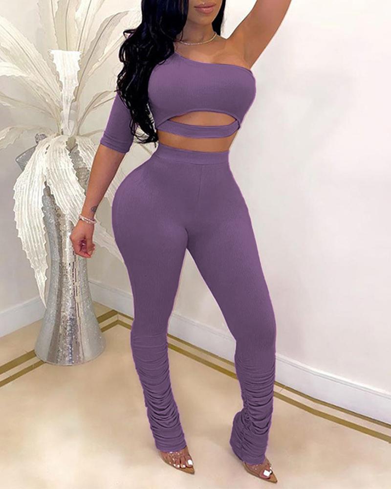 

One Shoulder Cut-Out Crop Top & Stacked Pants Active Set, Purple